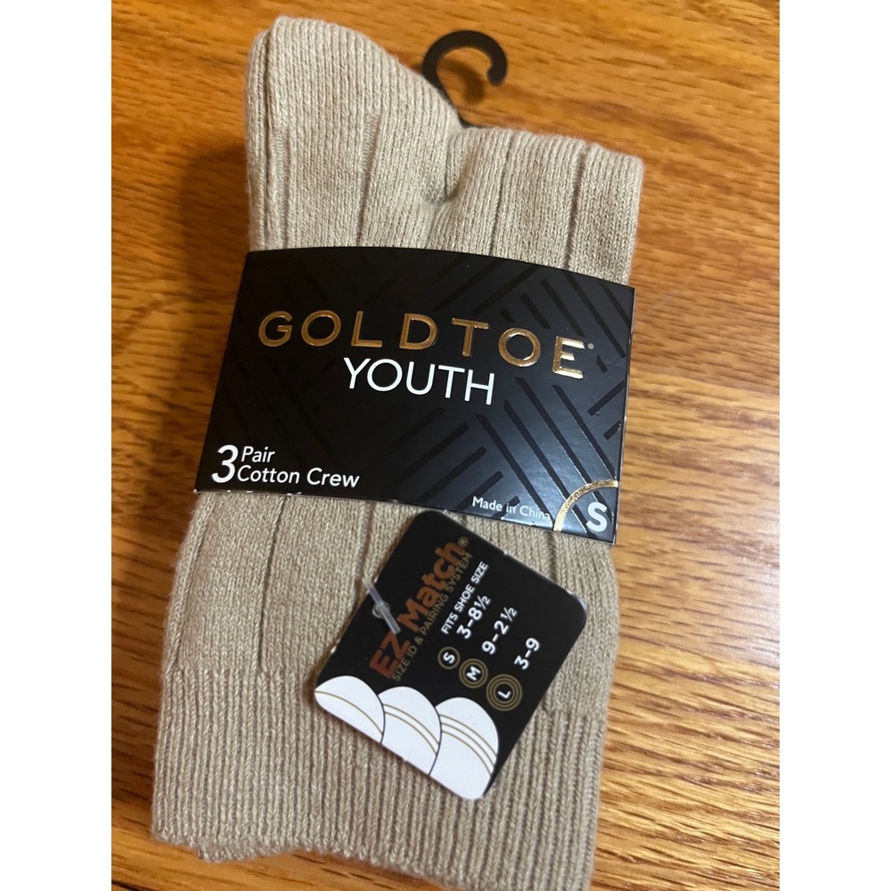 Goldtoe Youth Cotton Crew Socks 3 Pair Ribbed Tan Kids Size Small